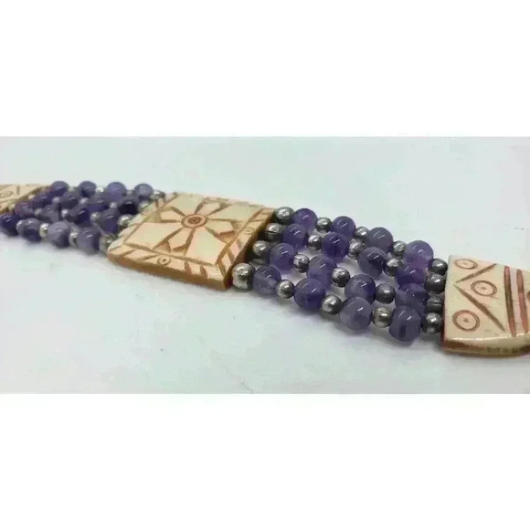 Amethyst & Sterling Silver Bead Bracelet With Resin Accents Multi Strand Vintage - Picture 9 of 10
